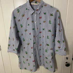 Zara Trafaluc Blue Stripe Cactus Succulent Button Down‎ Shirt Top Size Medium